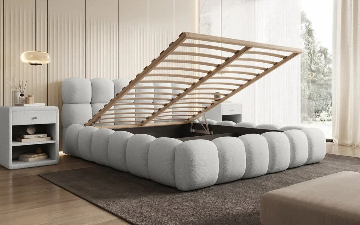 Luxusbetten24 Polsterbett Boston Bouclé Weiß mit Stauraum