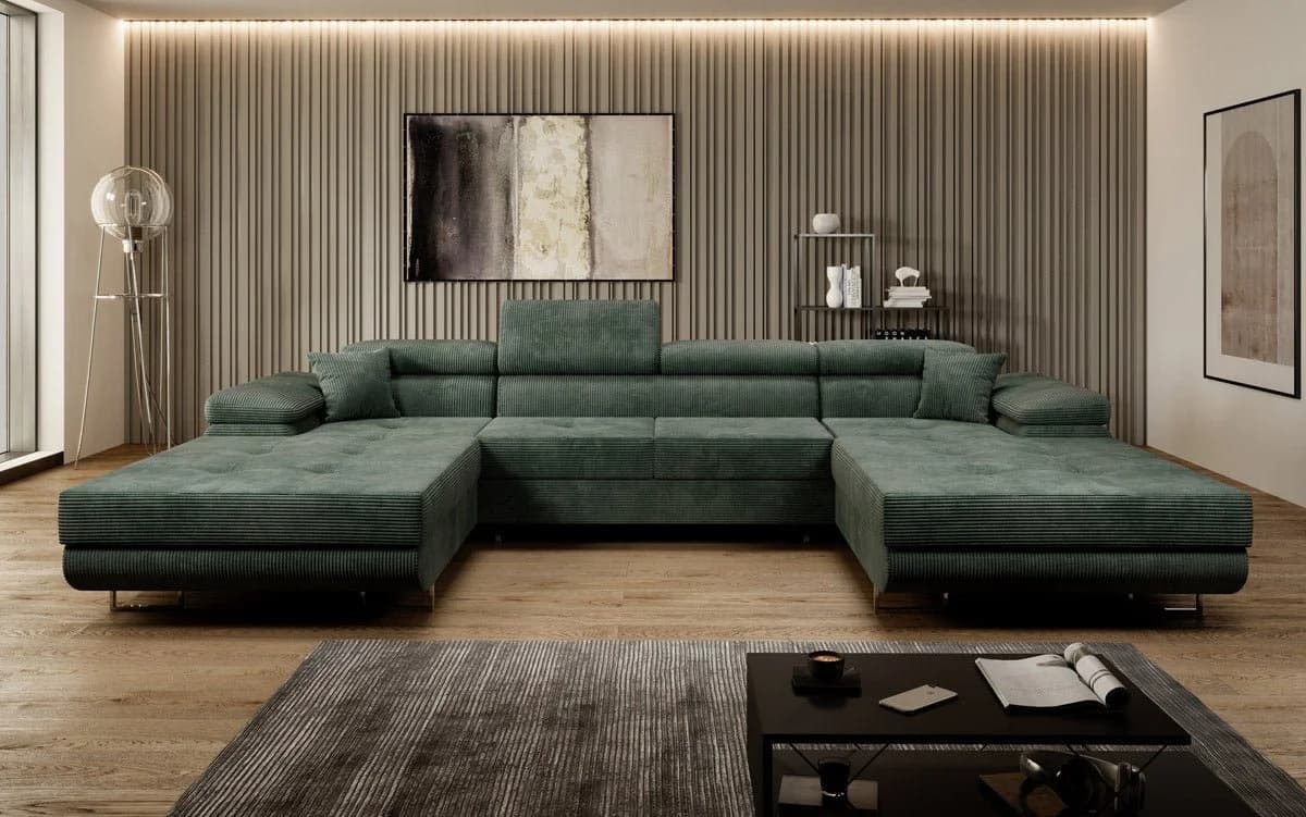 Luxusbetten24 Schlafsofa Calvera U in Cord Grün mit Stauraum