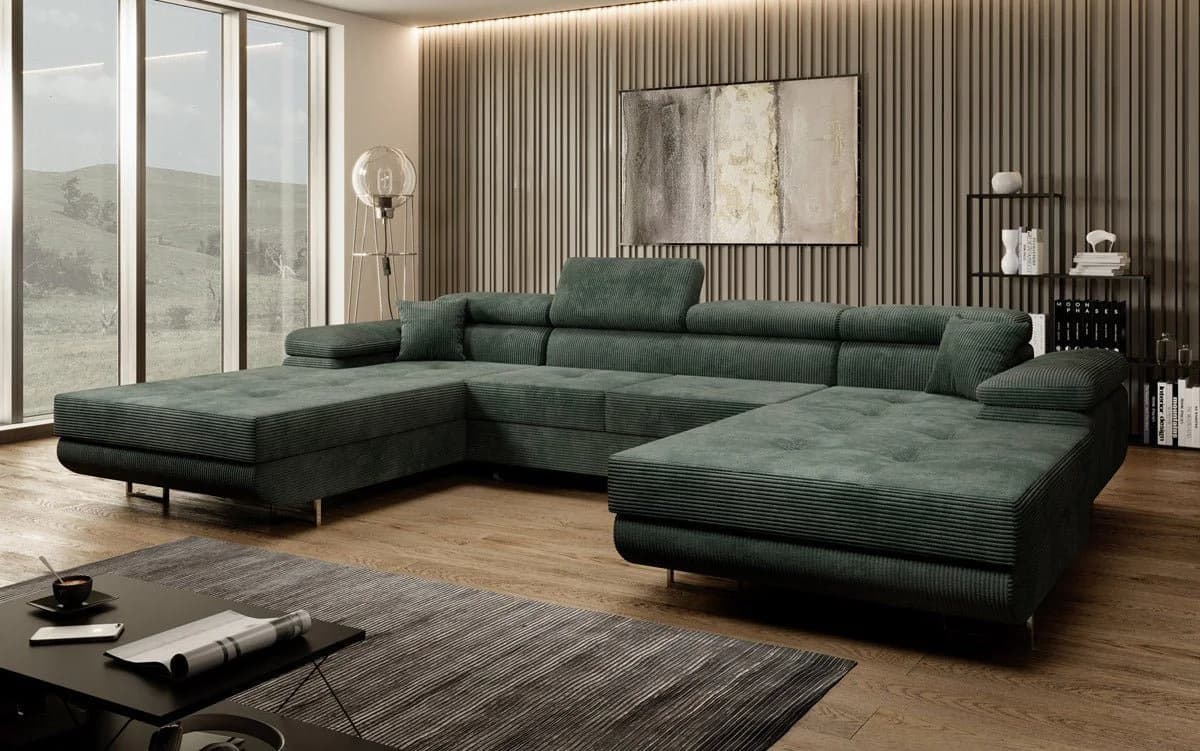Luxusbetten24 Schlafsofa Calvera U in Cord Grün mit Stauraum - Bild 3