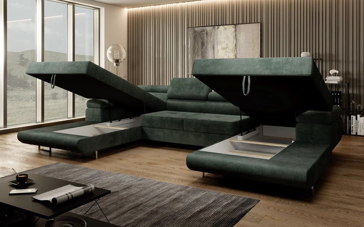 Luxusbetten24 Schlafsofa Calvera U in Cord Grün mit Stauraum - Bild 4