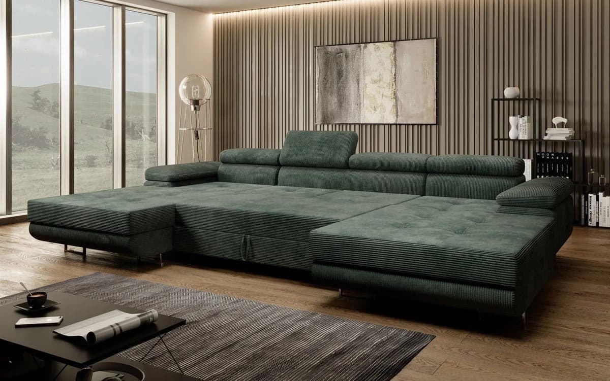 Luxusbetten24 Schlafsofa Calvera U in Cord Grün mit Stauraum - Bild 5