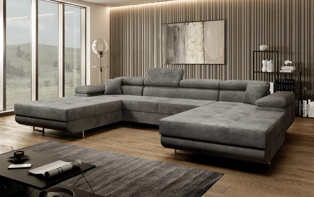 Luxusbetten24 Schlafsofa Calvera U in Grau Cord mit Schlaffunktion - Bild 3