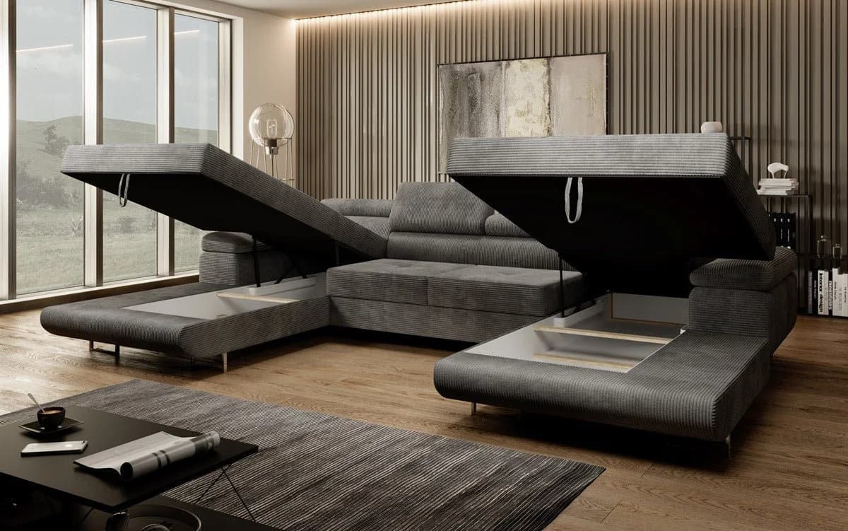 Luxusbetten24 Schlafsofa Calvera U in Grau Cord mit Schlaffunktion - Bild 4