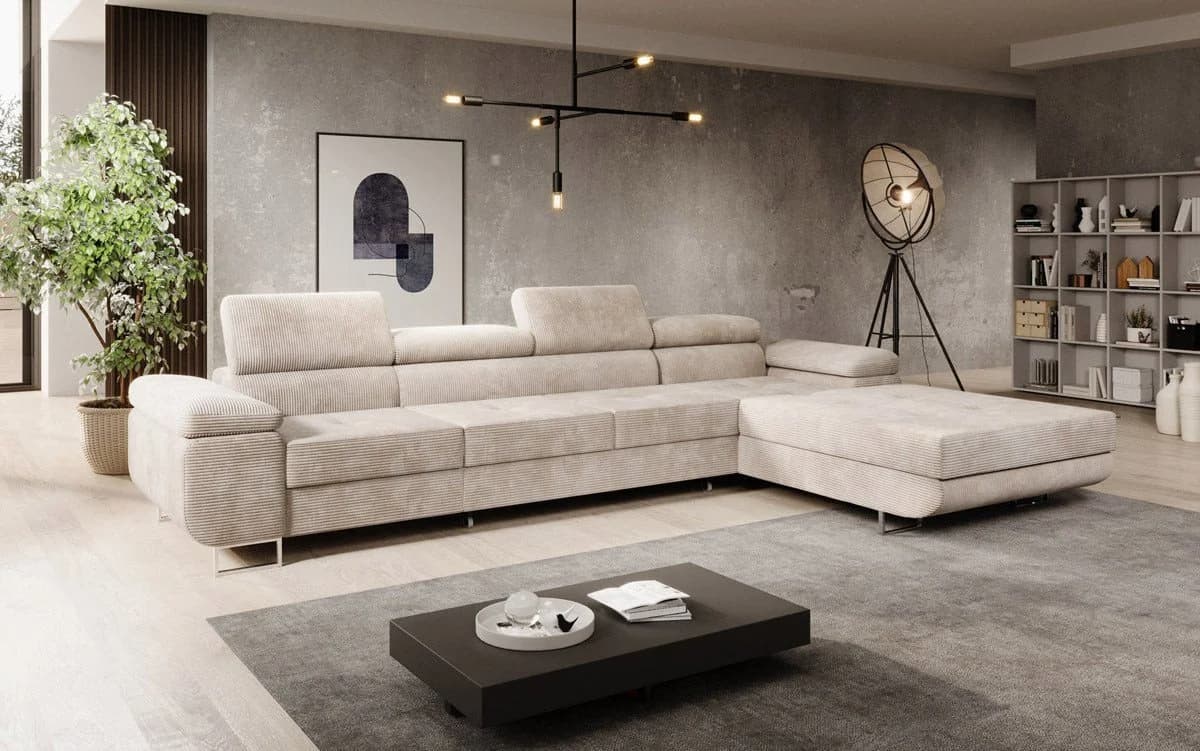 Luxusbetten24 Schlafsofa Calvera Maxi Beige Cord mit Schlaf- und Klappfunktion