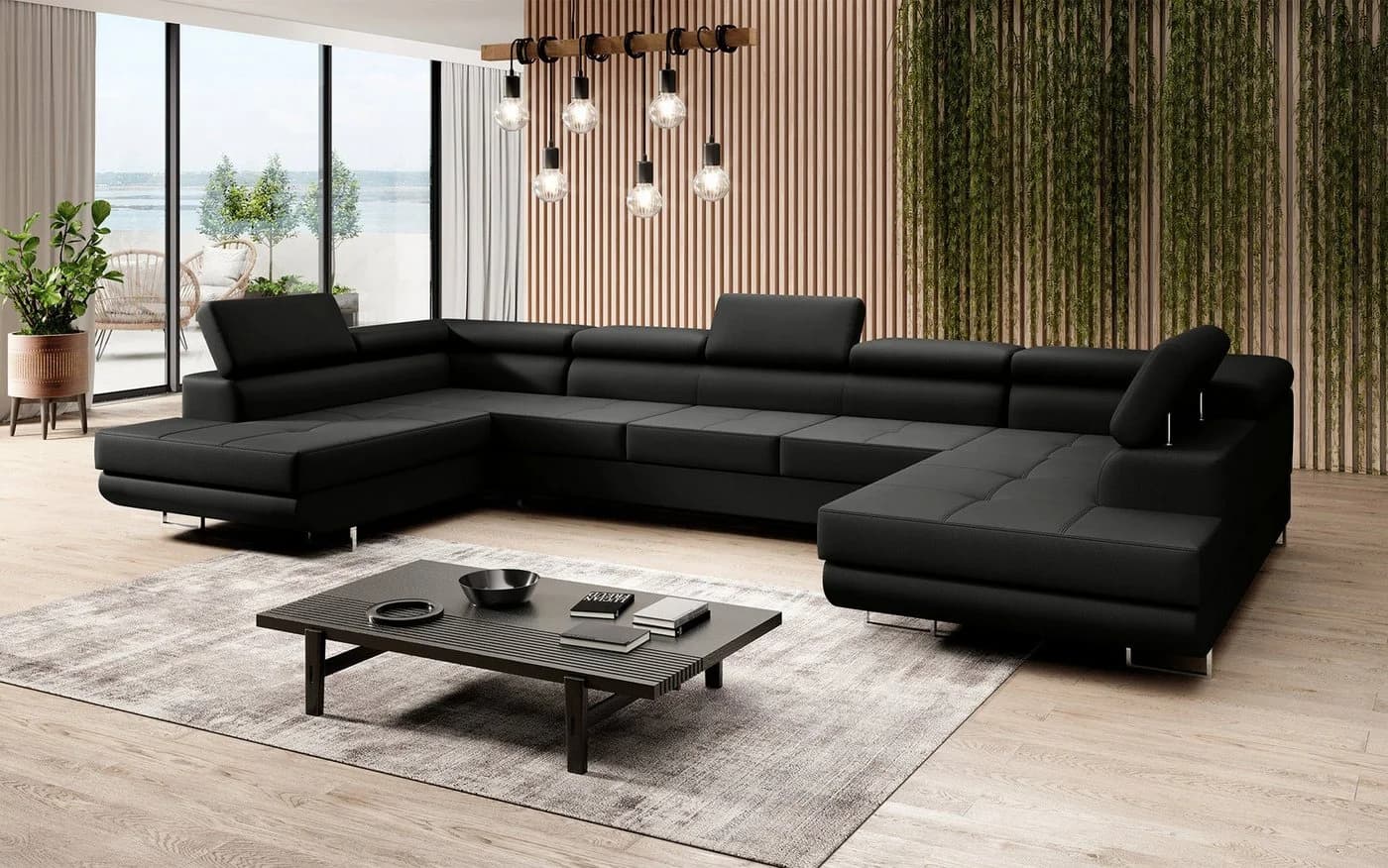 Luxusbetten24 Schlafsofa Taormina Schwarz Samt mit Stauraum