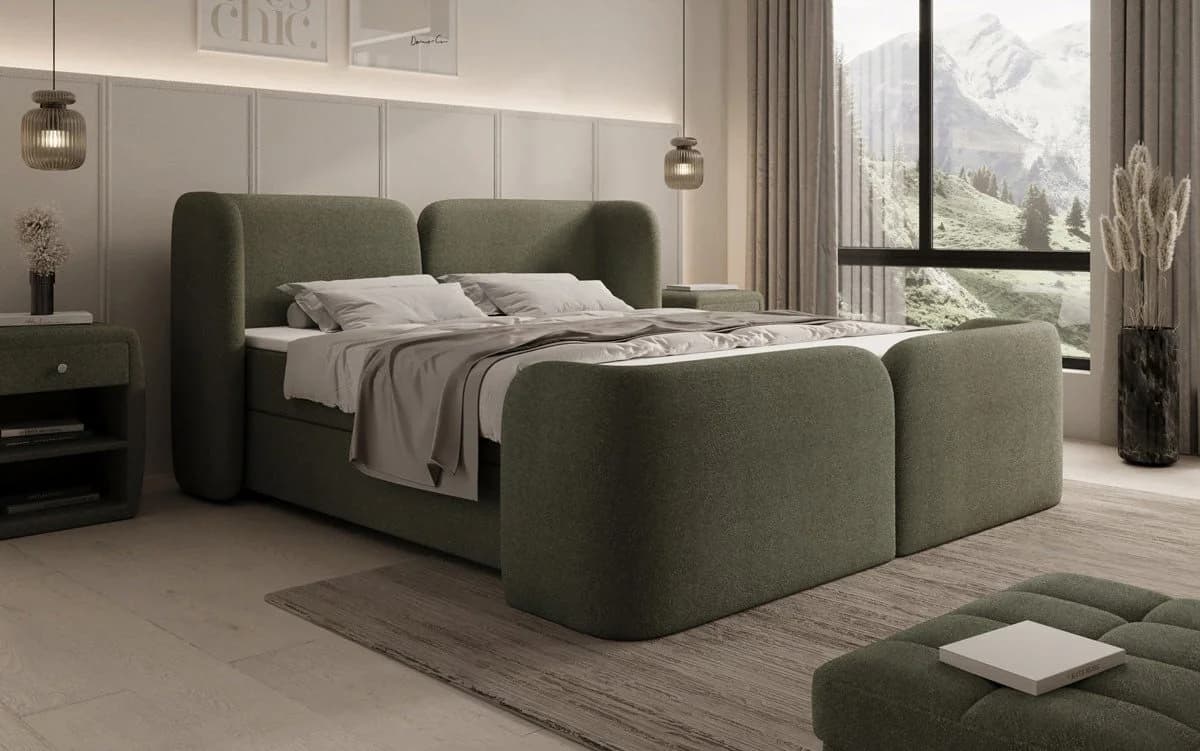 Luxusbetten24 Boxspringbett Riva Grün Bouclé mit Stauraum