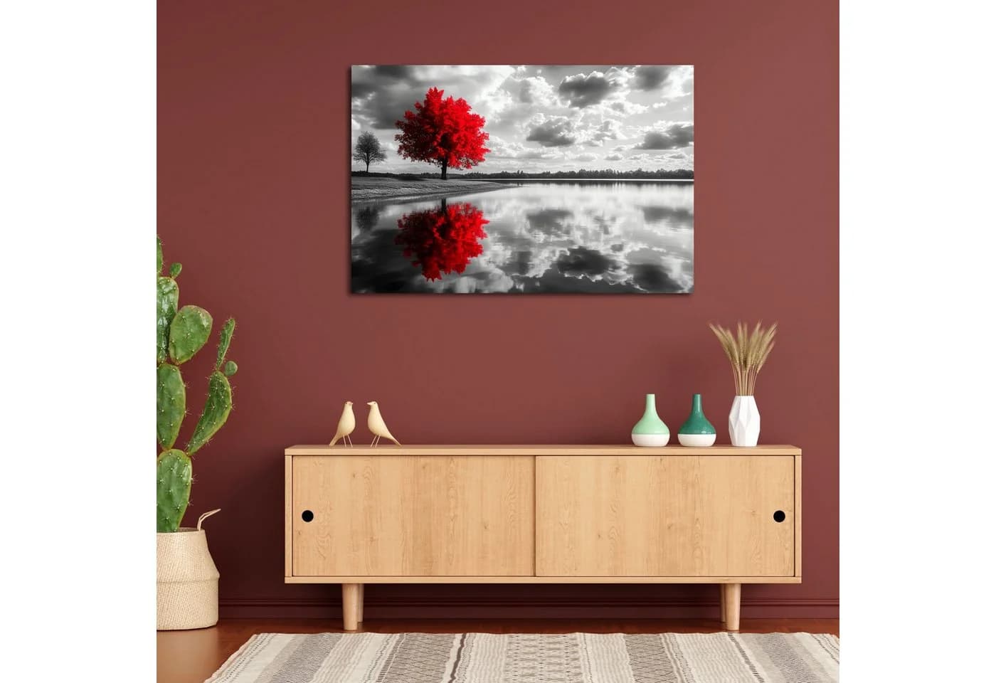 DARO Design Leinwandbild Modern Abstrakt Roter Baum Wandbild Querformat