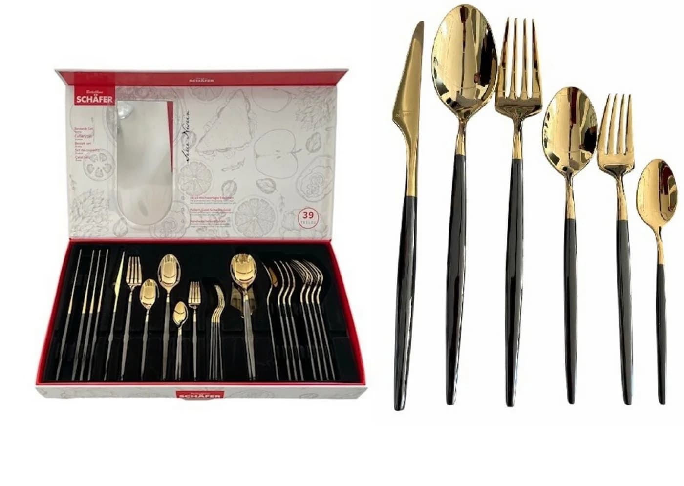 Schäfer Elektronik Besteck-Set 39-tlg Schwarz-Gold 18/10 Edelstahl
