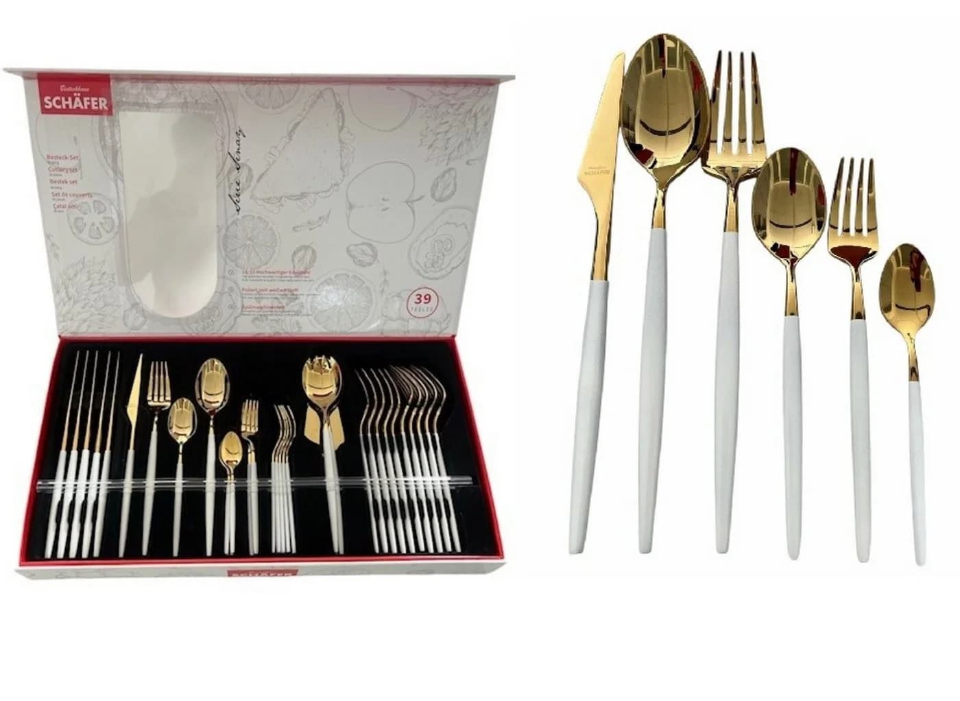 Schäfer Elektronik Besteck-Set 39-tlg. Weiß-Gold 18/10 Edelstahl