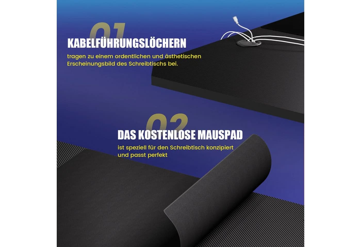 GTPLAYER Gaming Schreibtisch 120x60 Schwarz mit LED und USB