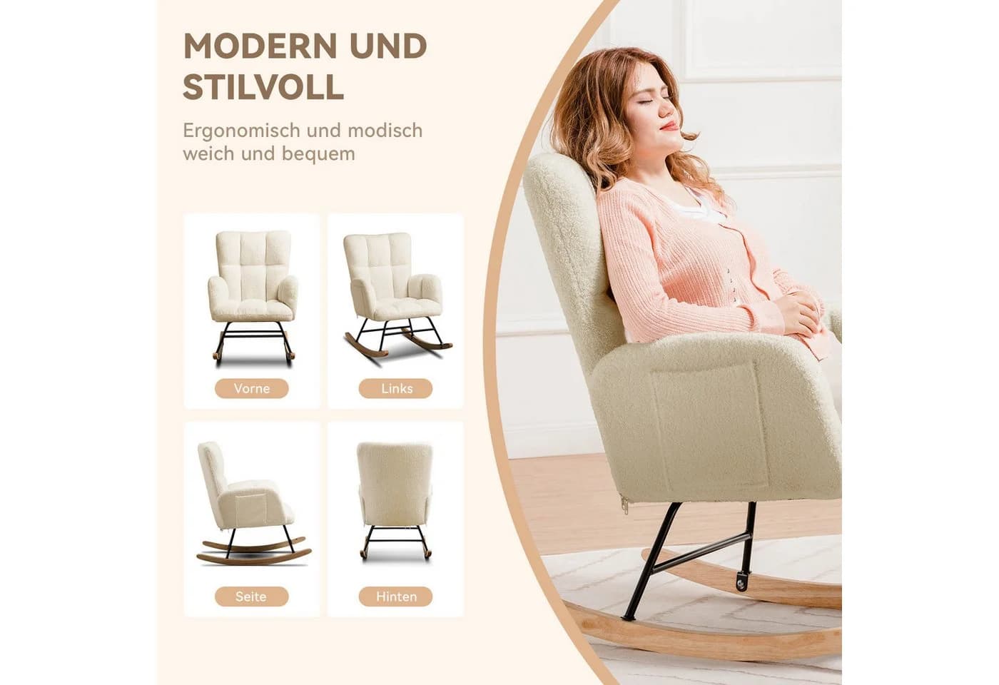 COMHOMA Schaukelstuhl Beige Ohrensessel mit Armlehnen 160kg Tragfähigkeit - Bild 3