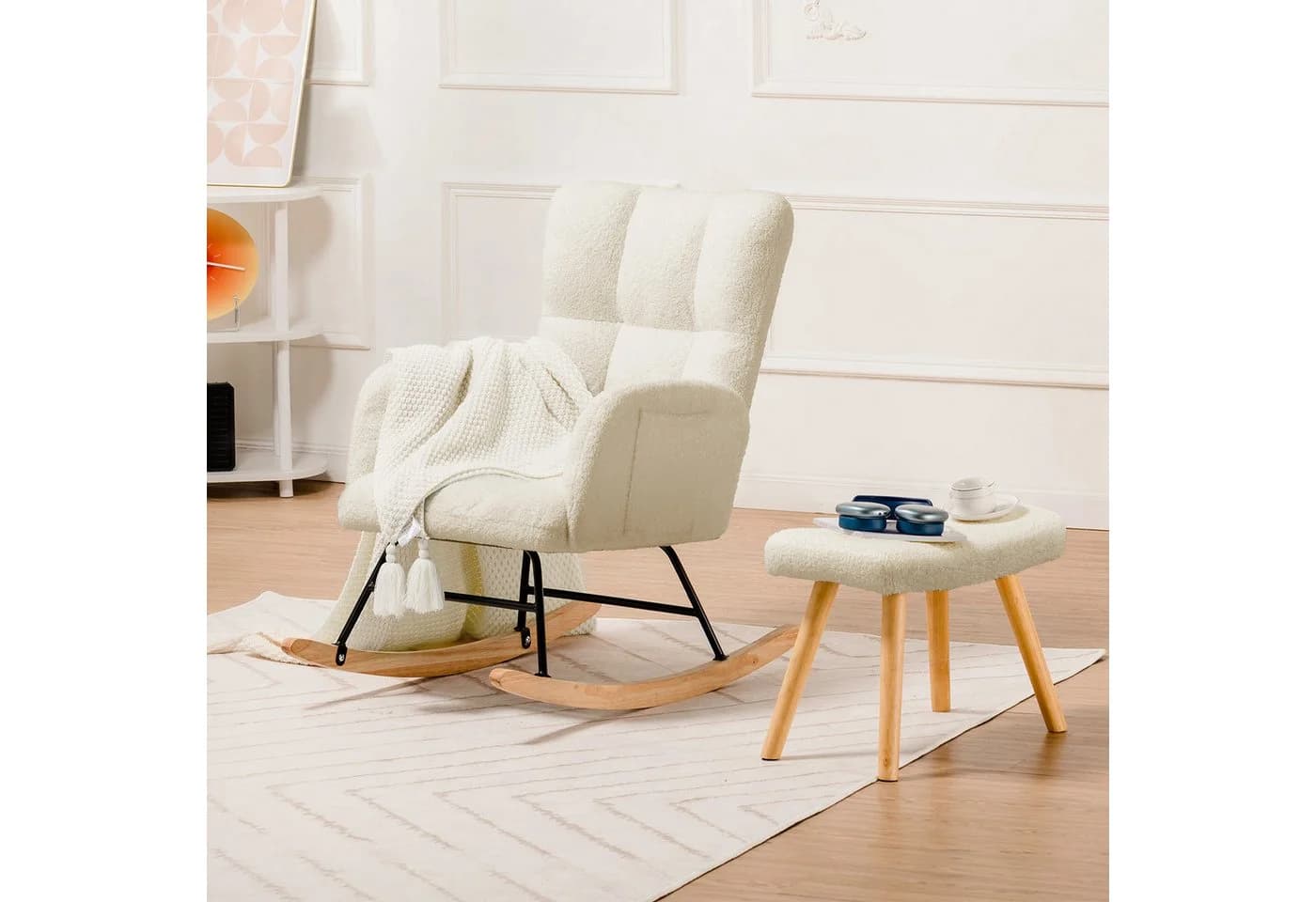 COMHOMA Schaukelstuhl Ohrensessel Beige Massivholz Armlehnen