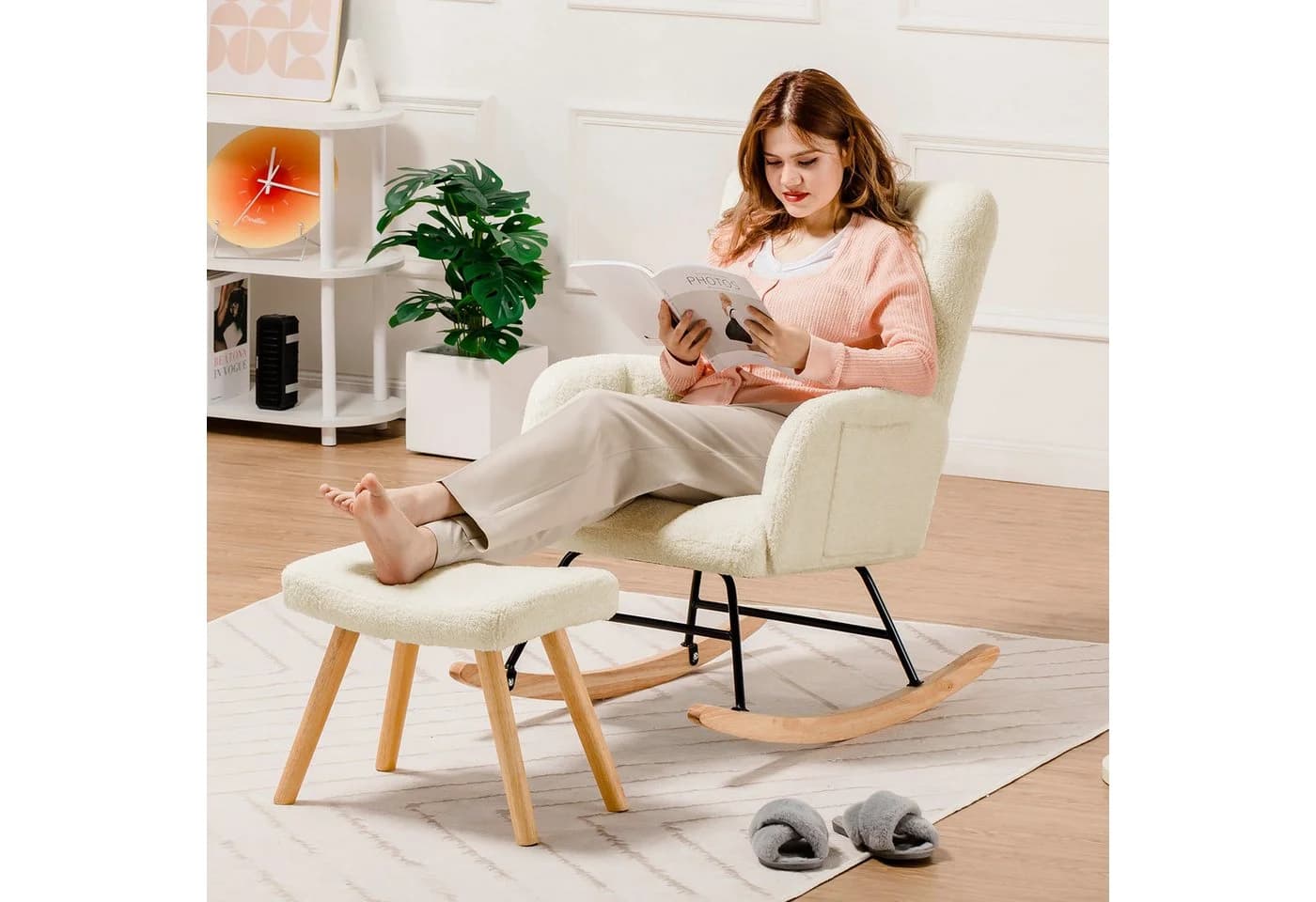 COMHOMA Schaukelstuhl Ohrensessel Beige Massivholz Armlehnen - Bild 2