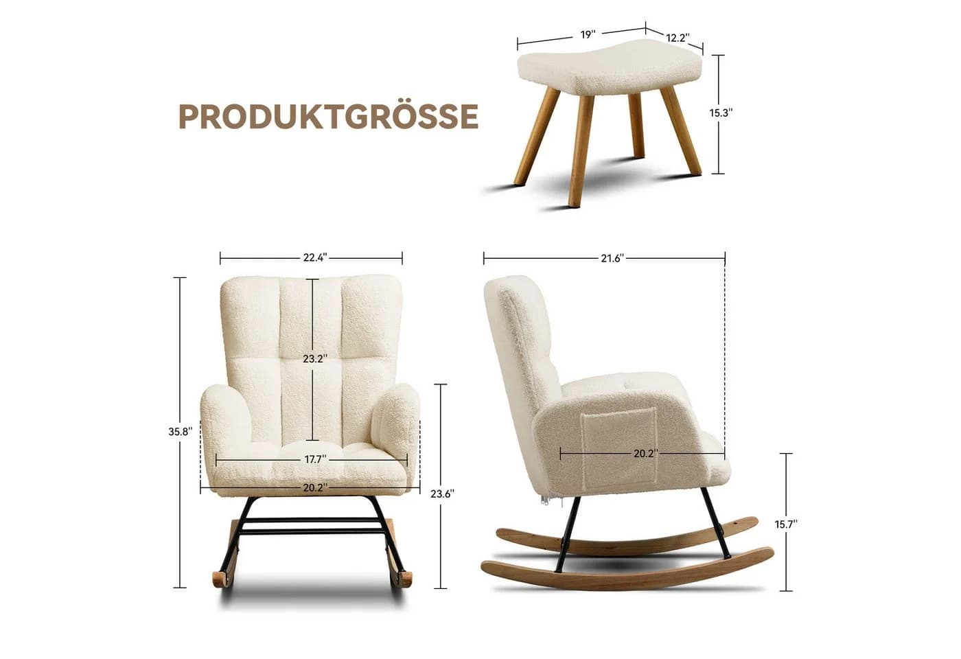 COMHOMA Schaukelstuhl Ohrensessel Beige Massivholz Armlehnen - Bild 3