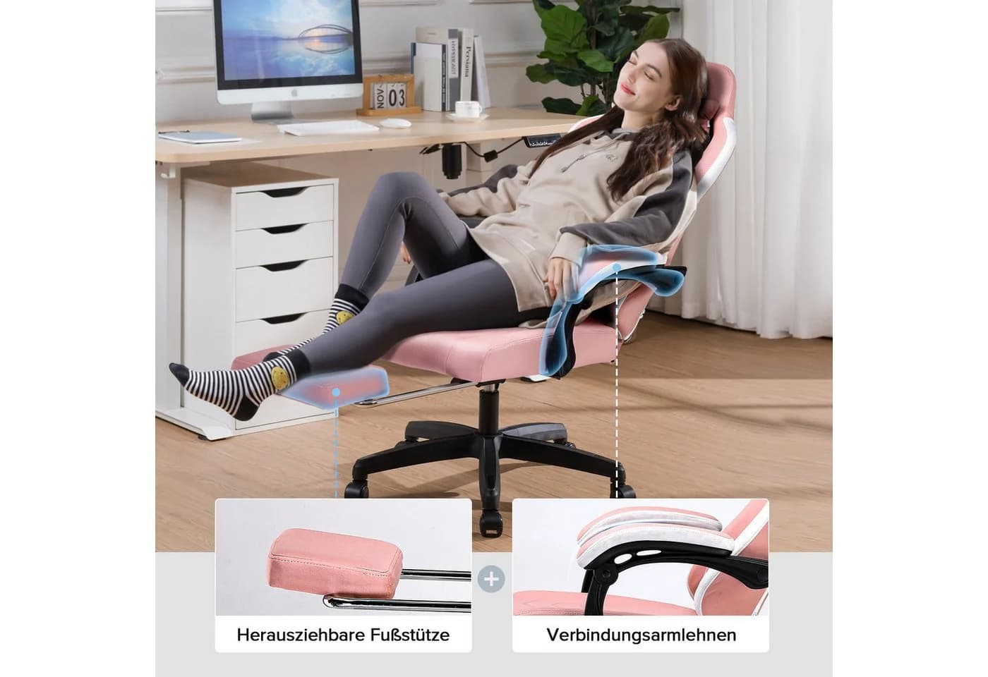 GTPLAYER Gaming-Stuhl Ergonomisch mit Fußstütze Stoff Schwarz - Bild 3
