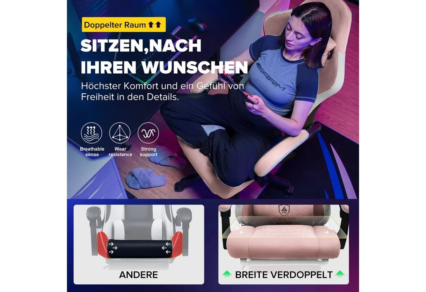 GTPLAYER Gaming-Stuhl Ergonomisch mit Fußstütze Stoff Schwarz - Bild 4