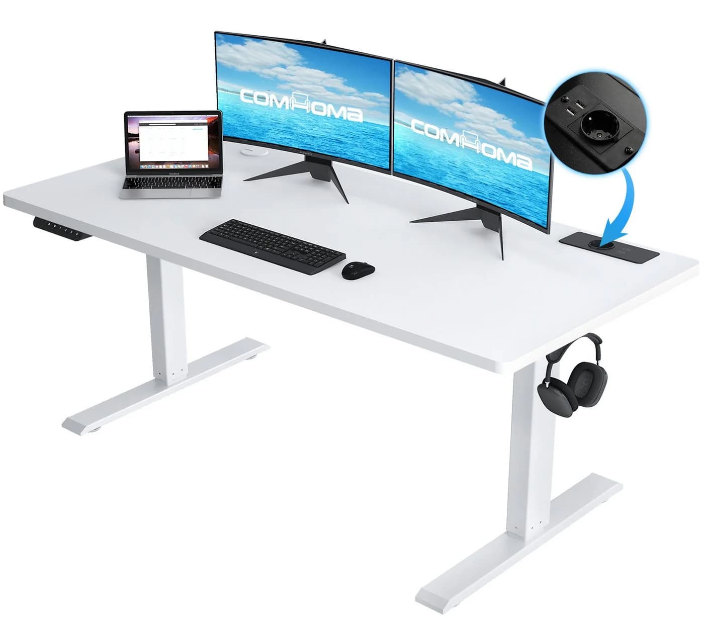 COMHOMA Höhenverstellbarer Schreibtisch Weiß mit USB und Haken - Bild 2
