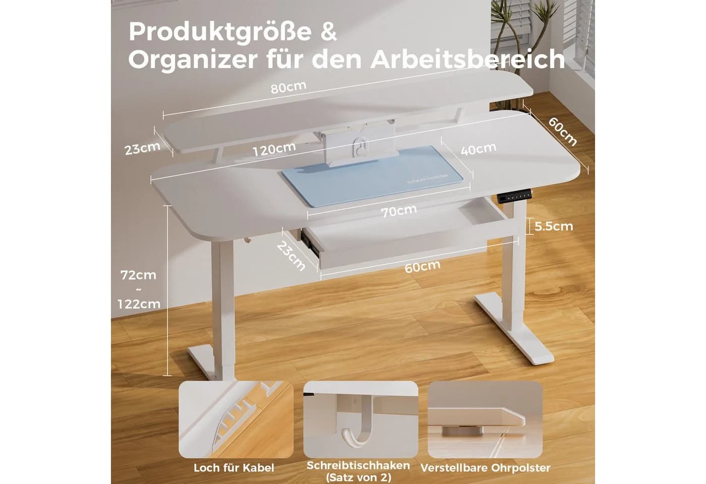 COMHOMA Elektrischer Höhenverstellbarer Schreibtisch Weiß mit Schubladen - Bild 3