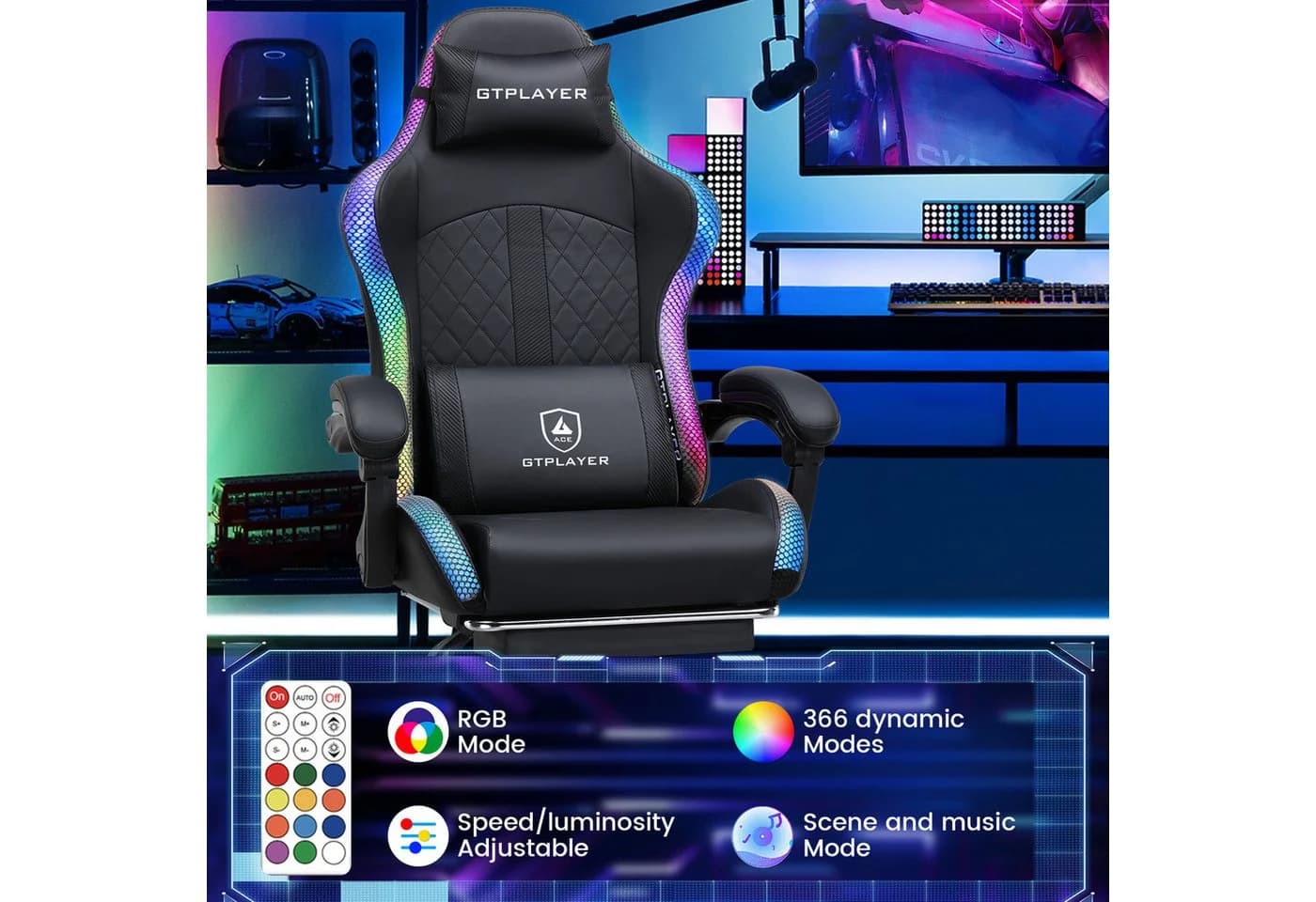 GTPLAYER Gaming-Stuhl mit LED, Lautsprecher & App-Steuerung Schwarz