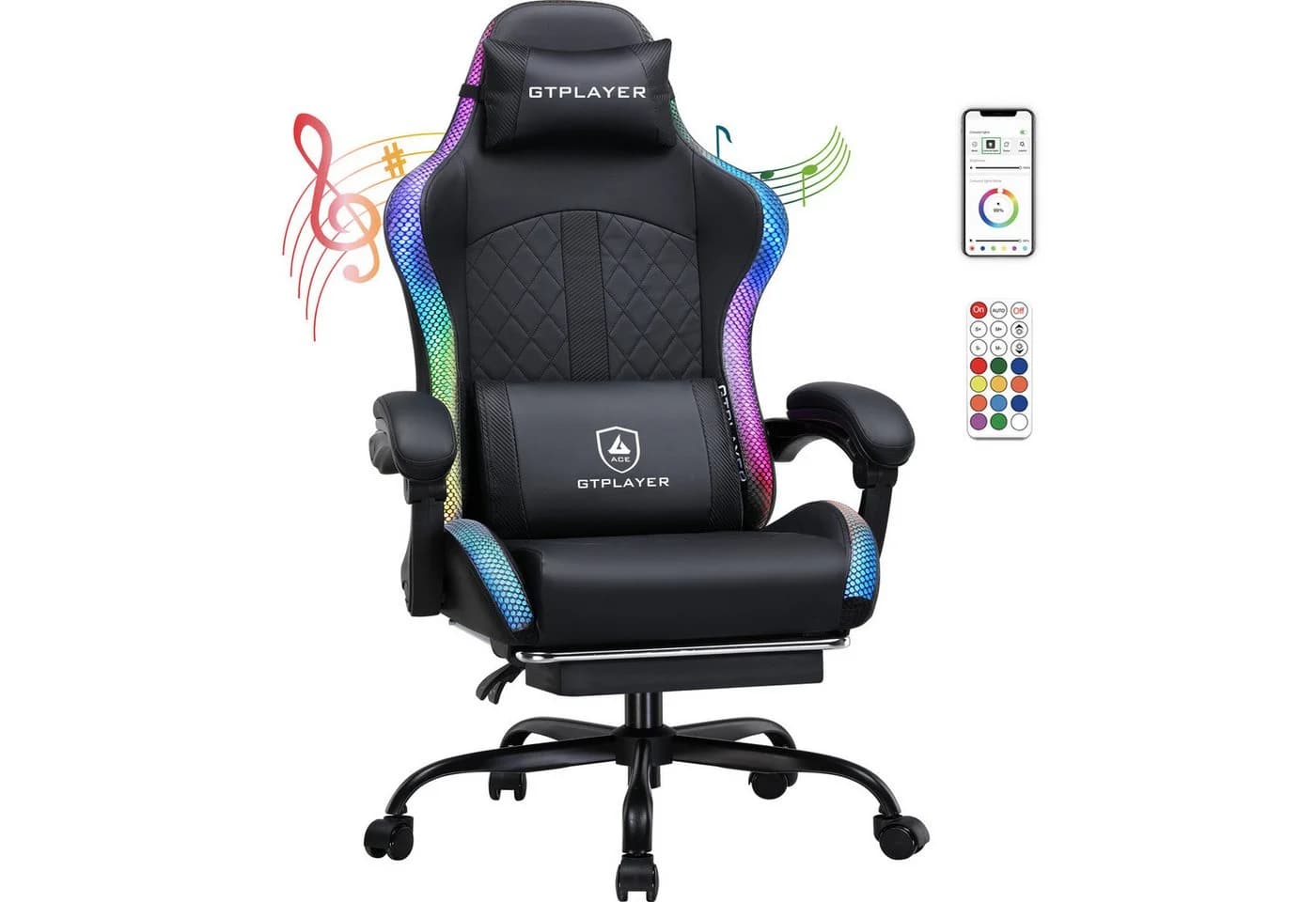 GTPLAYER Gaming-Stuhl mit LED, Lautsprecher & App-Steuerung Schwarz - Bild 2