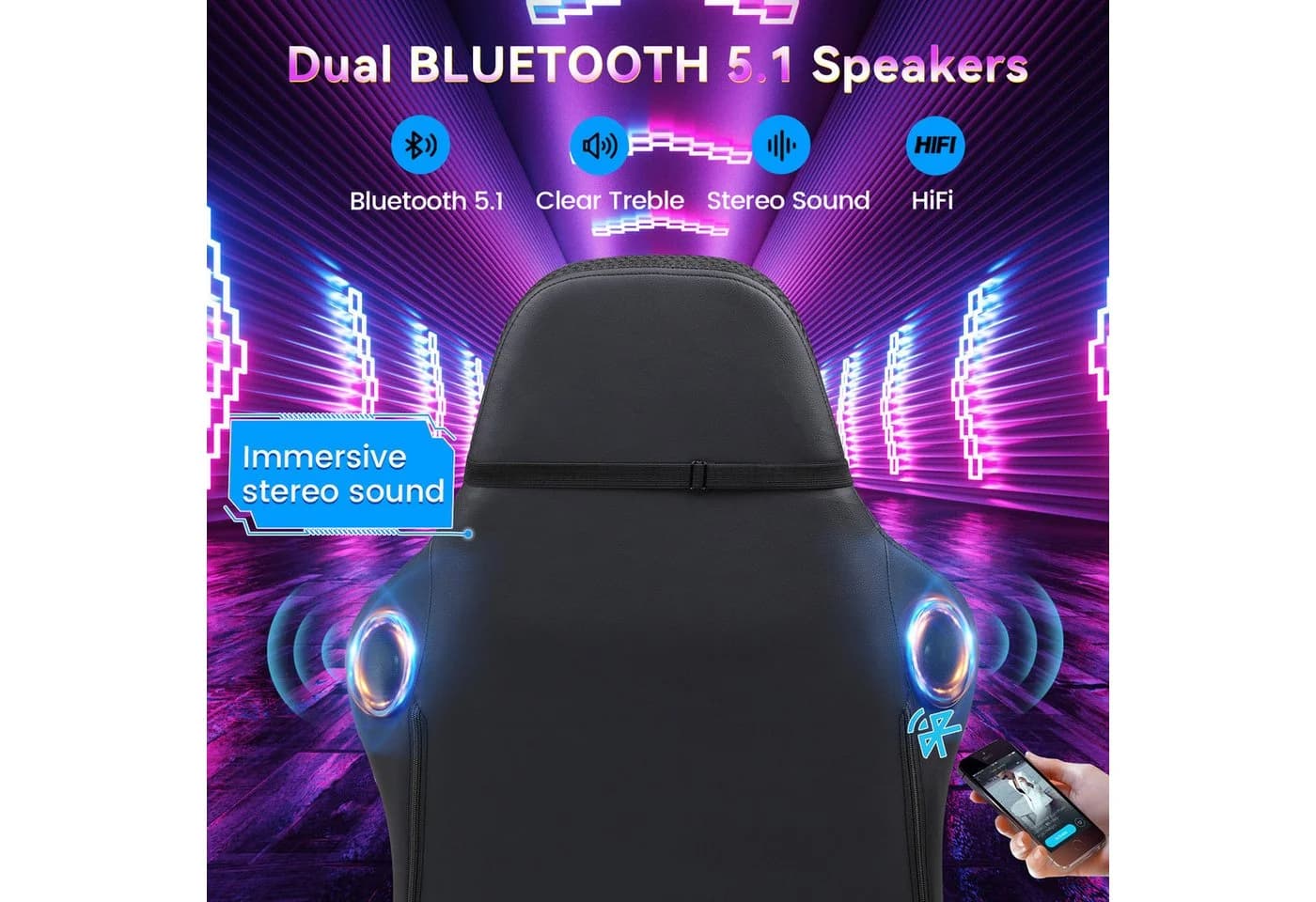 GTPLAYER Gaming-Stuhl mit LED, Lautsprecher & App-Steuerung Schwarz - Bild 3