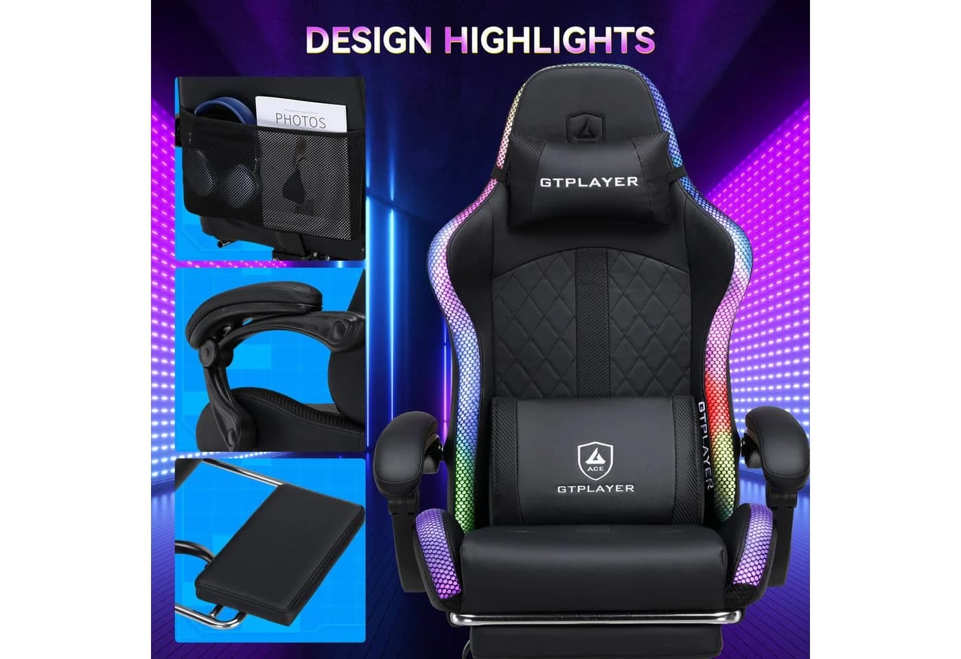 GTPLAYER Gaming-Stuhl mit LED, Lautsprecher & App-Steuerung Schwarz - Bild 4