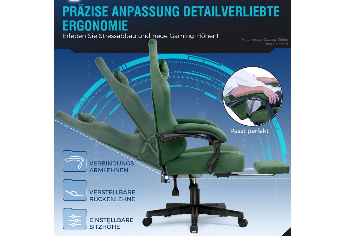 GTPLAYER Gaming-Stuhl Grün Stoff Federkissen Fußstütze - Bild 3