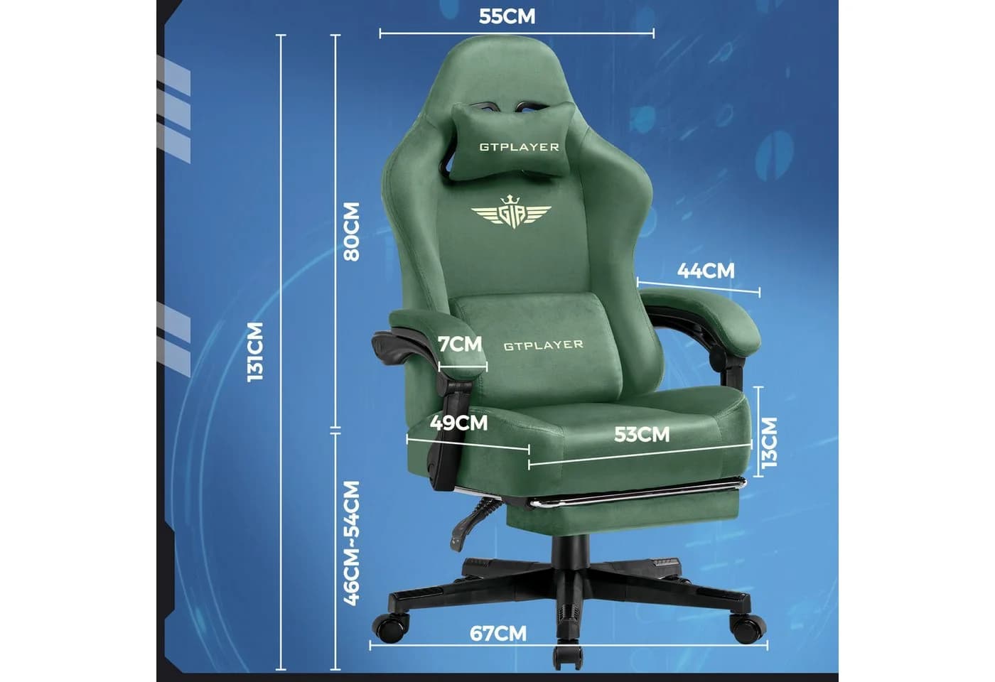GTPLAYER Gaming-Stuhl Grün Stoff Federkissen Fußstütze - Bild 4