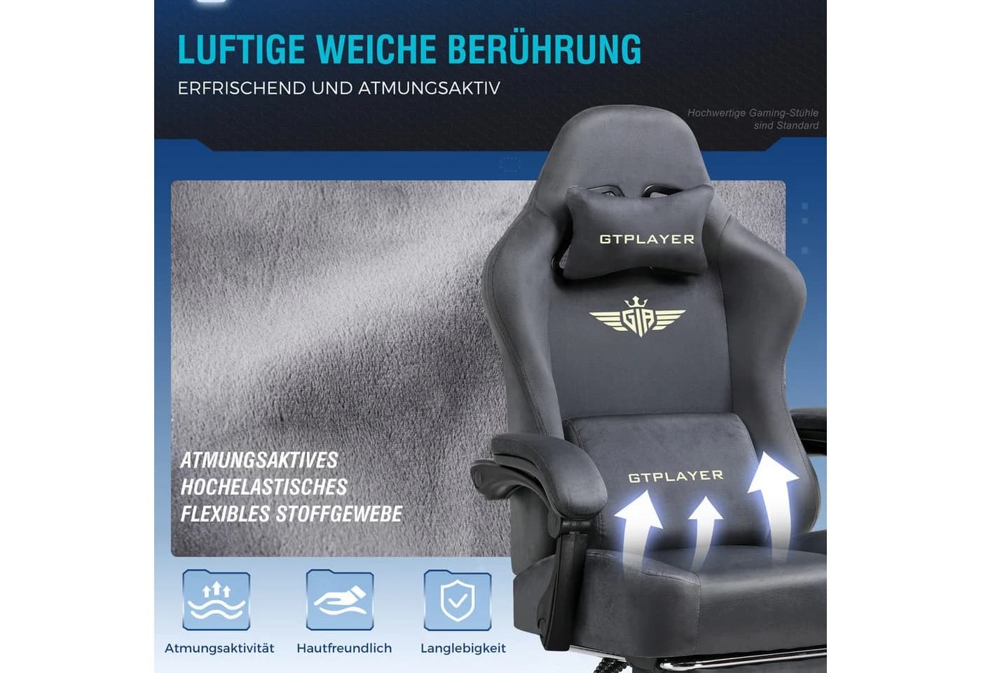 GTPLAYER Gaming-Stuhl Grau Stoff Ergonomisch mit Fußstütze