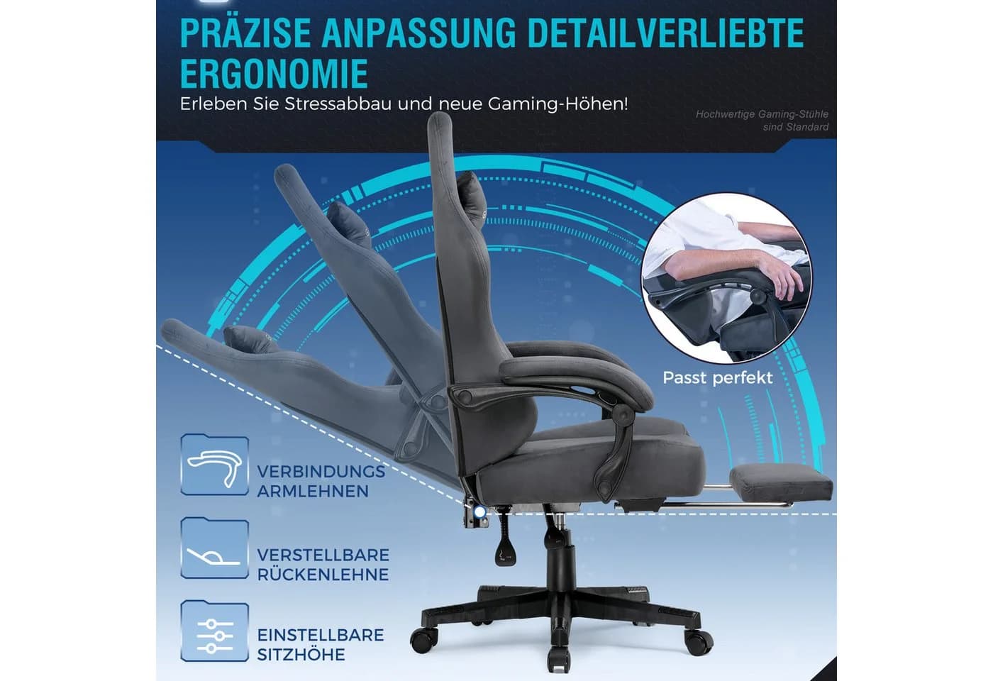 GTPLAYER Gaming-Stuhl Grau Stoff Ergonomisch mit Fußstütze - Bild 4