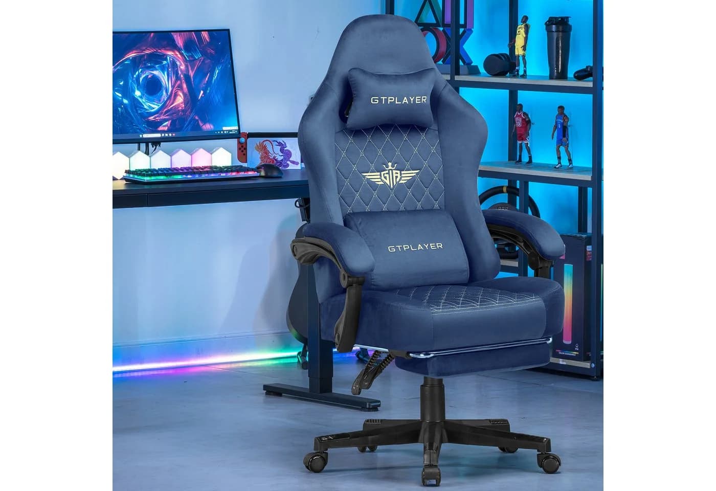 GTPLAYER Gaming-Stuhl Blau Ergonomisch mit Fußstütze