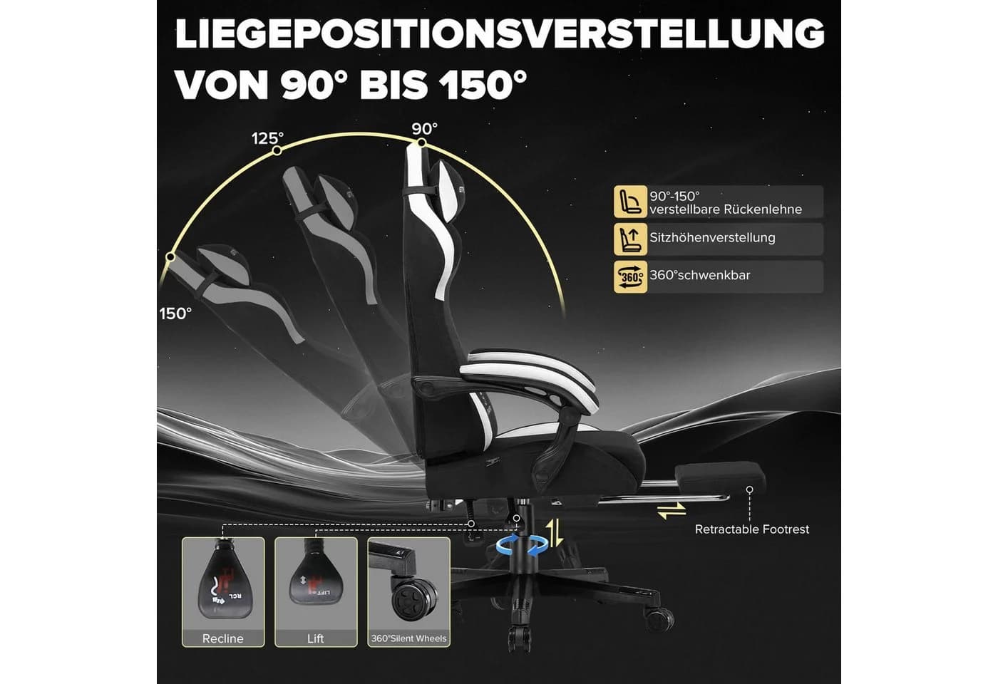 GTPLAYER Gaming-Stuhl Schwarz Stoff mit Lendenwirbelstütze und Fußstütze