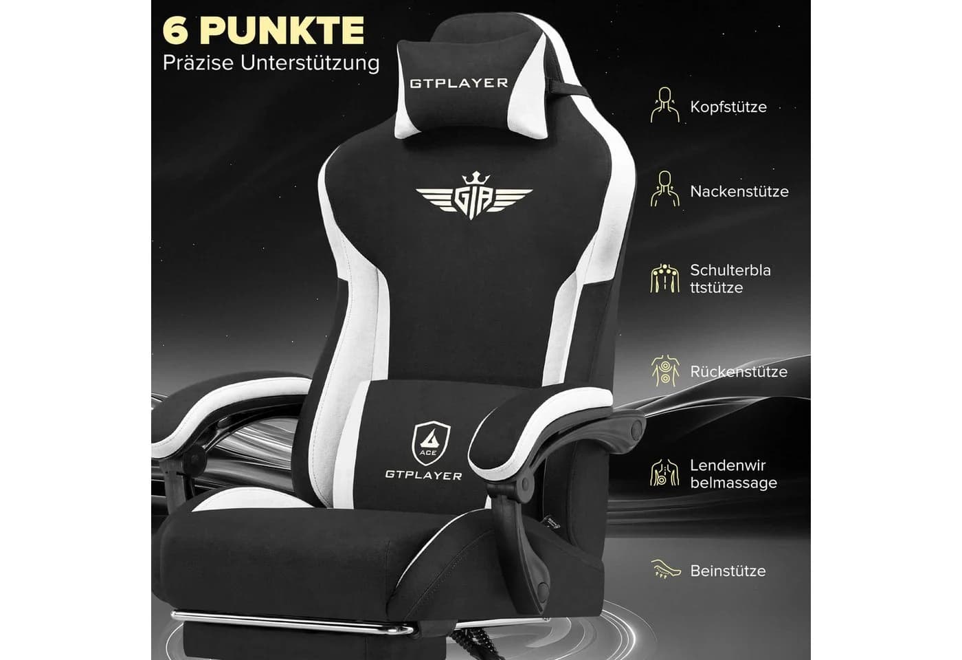 GTPLAYER Gaming-Stuhl Schwarz Stoff mit Lendenwirbelstütze und Fußstütze - Bild 4