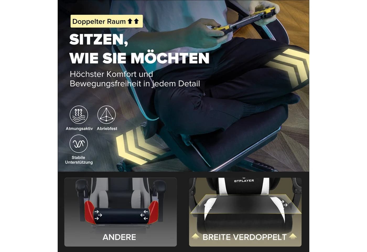 GTPLAYER Gaming-Stuhl Schwarz Stoff mit Lendenwirbelstütze und Fußstütze - Bild 5