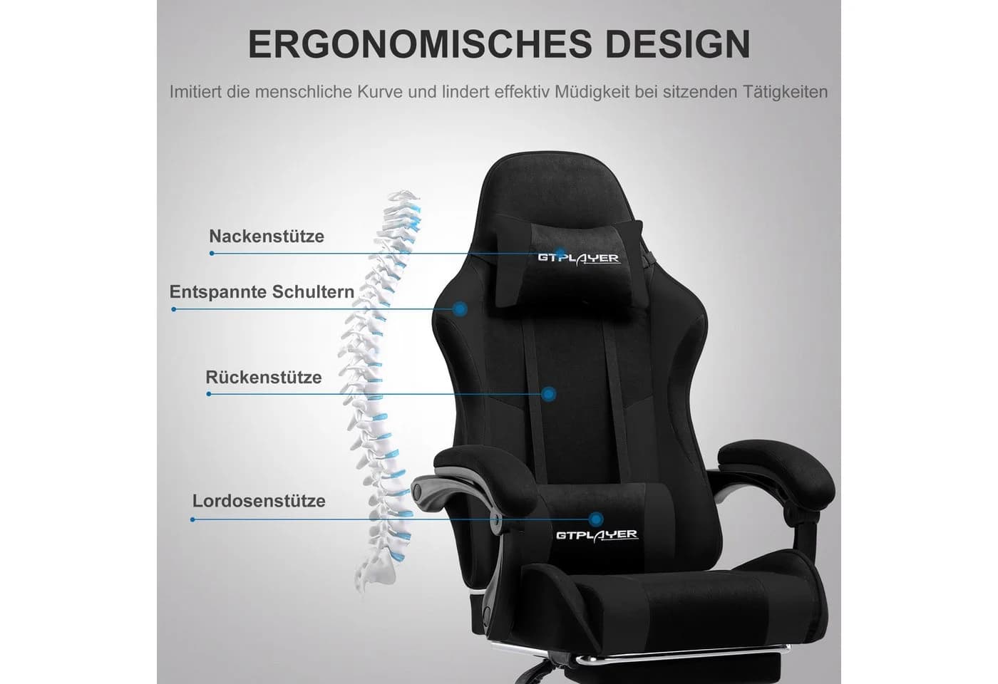 GTPLAYER Gaming-Stuhl mit Massage-Lendenkissen, Fußstütze & Kopfstütze Schwarz - Bild 3