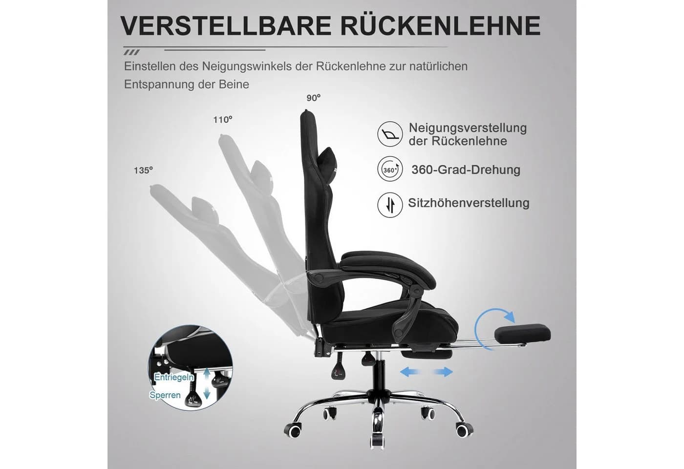 GTPLAYER Gaming-Stuhl mit Massage-Lendenkissen, Fußstütze & Kopfstütze Schwarz - Bild 4