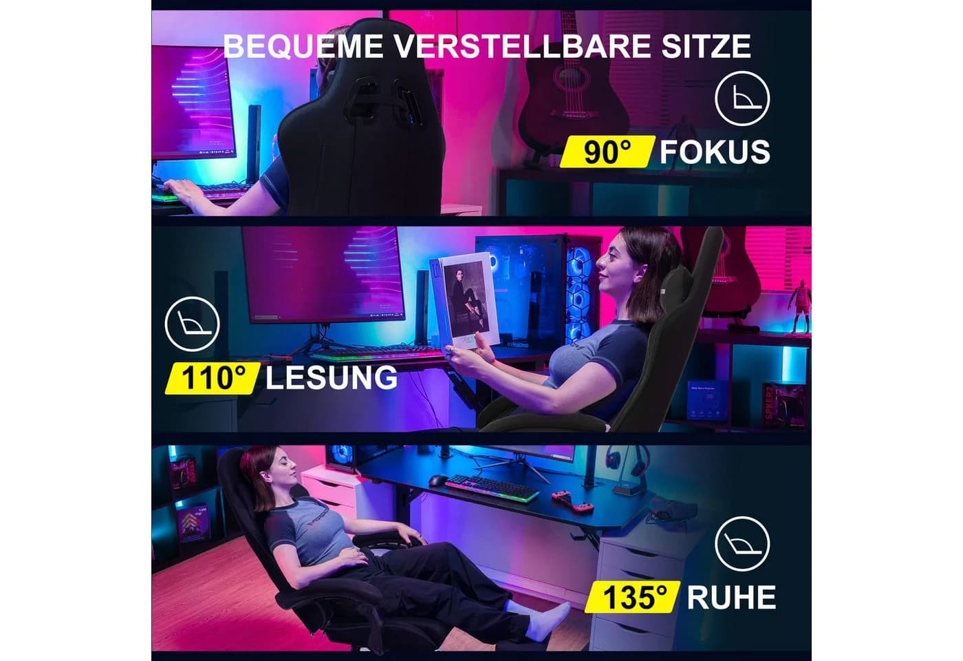GTPLAYER Gaming-Stuhl mit Massage-Lendenkissen, Fußstütze & Kopfstütze Schwarz - Bild 5