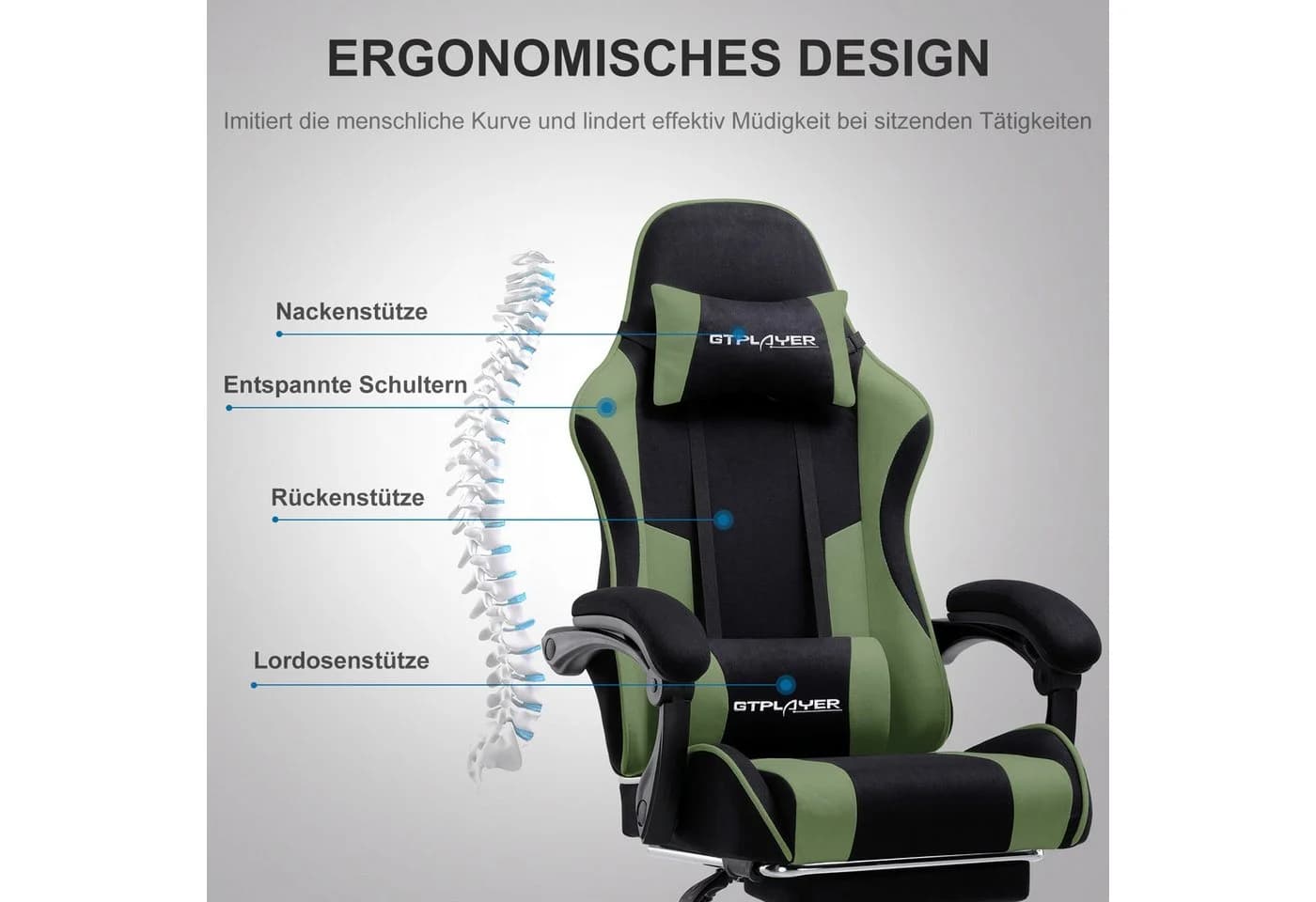 GTPLAYER Gaming-Stuhl mit Massage-Lendenkissen und Fußstütze Grün - Bild 3