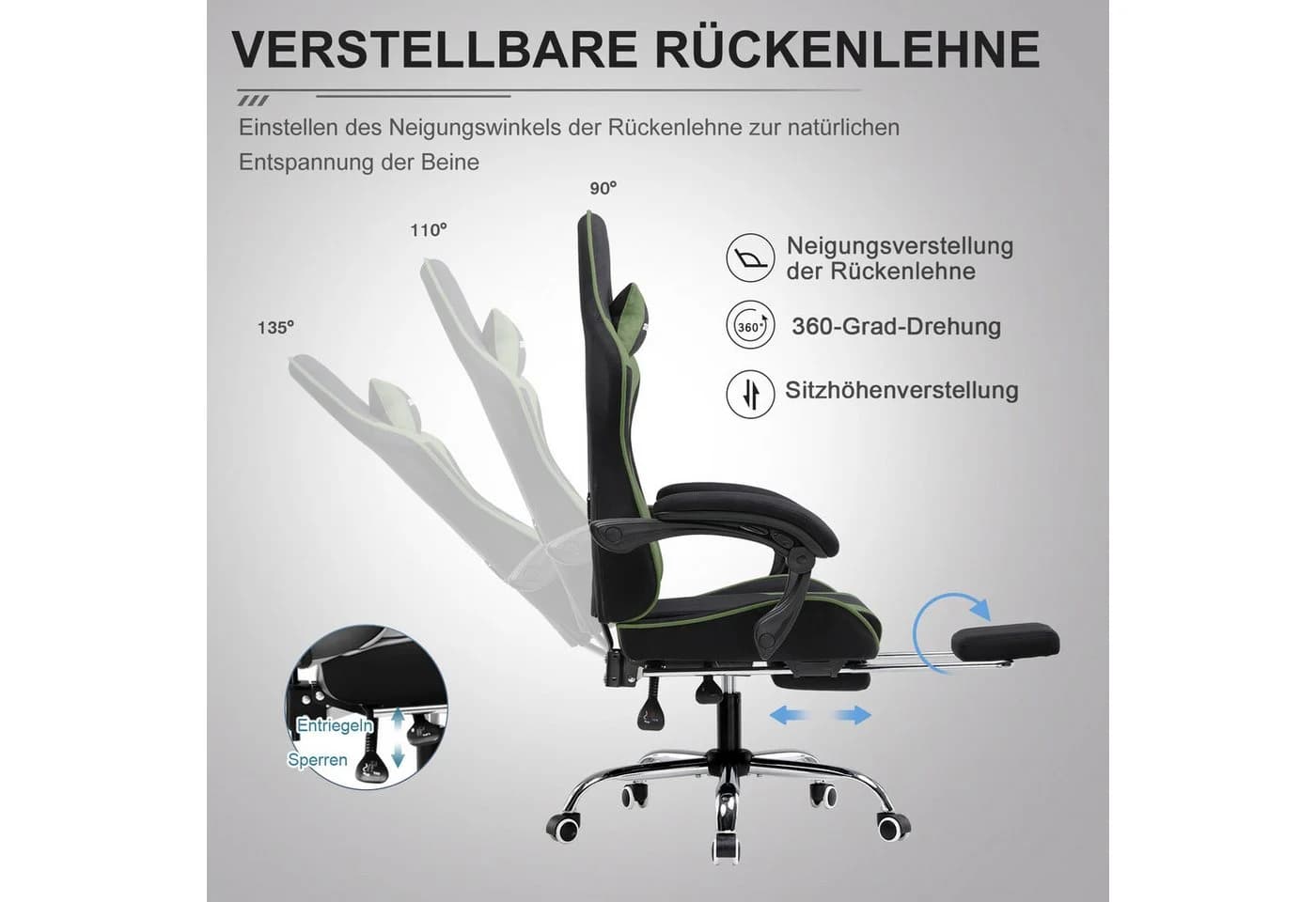 GTPLAYER Gaming-Stuhl mit Massage-Lendenkissen und Fußstütze Grün - Bild 5