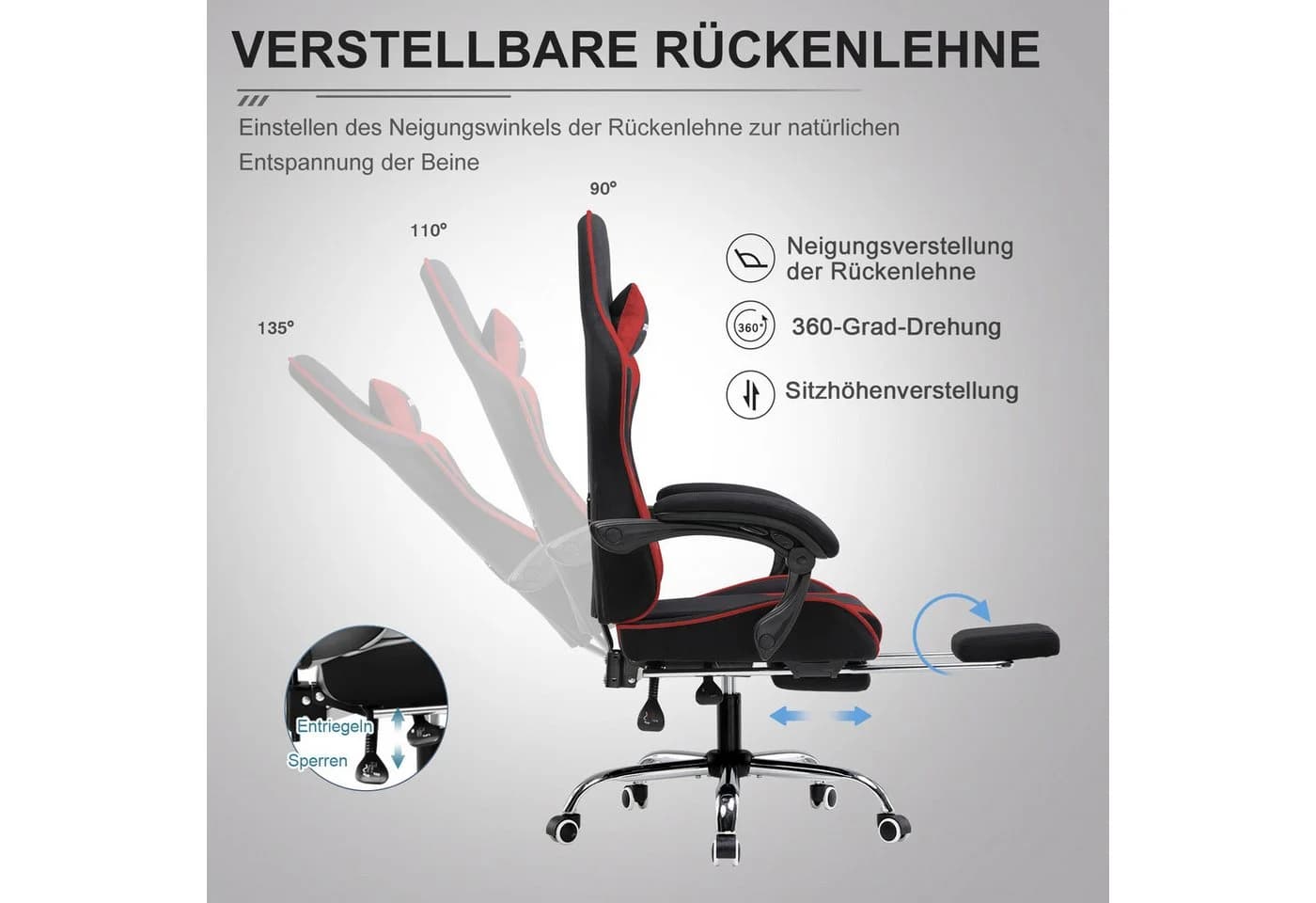 GTPLAYER Gaming-Stuhl Rot mit Massage-Funktion und Fußstütze - Bild 3