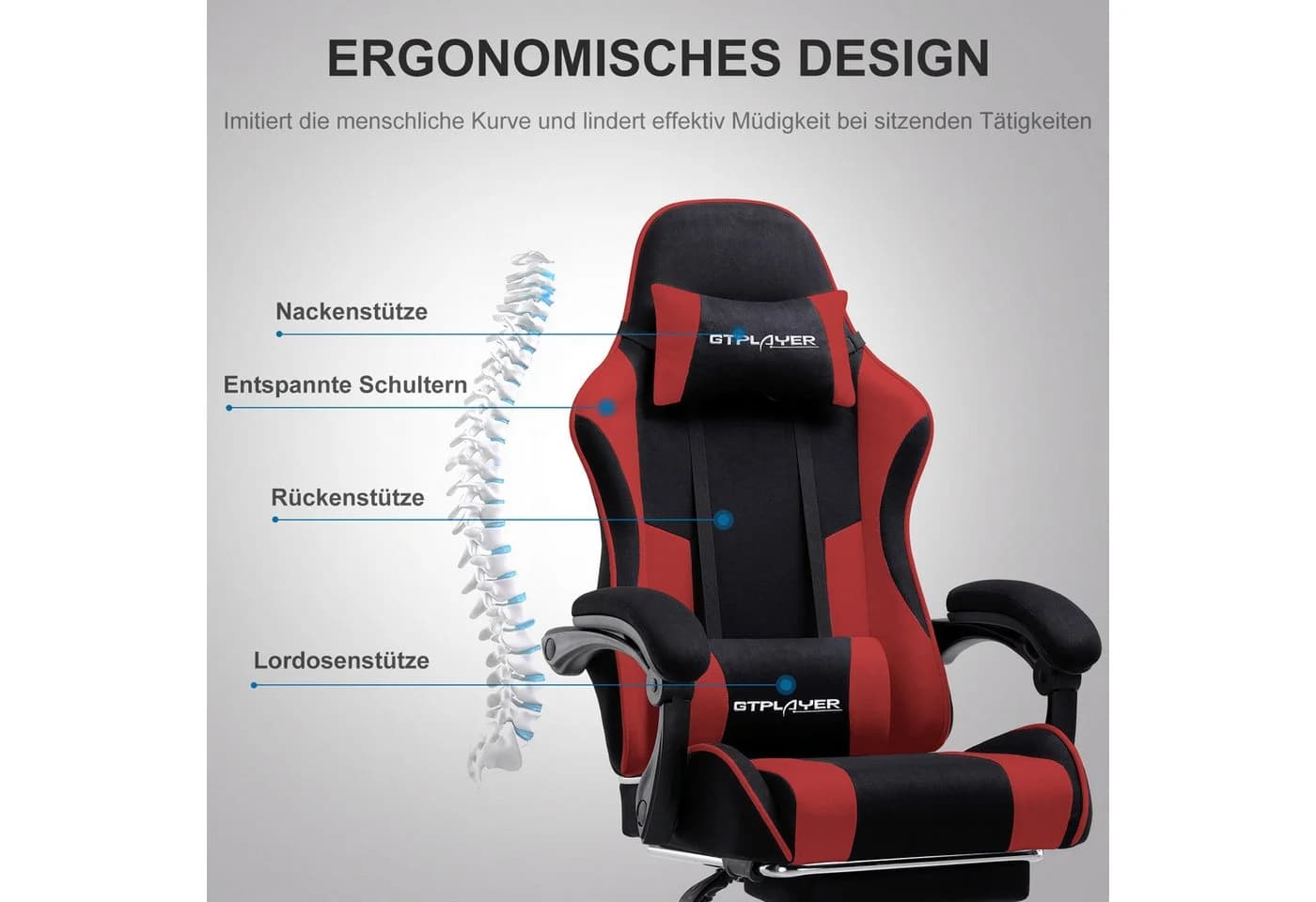 GTPLAYER Gaming-Stuhl Rot mit Massage-Funktion und Fußstütze - Bild 4