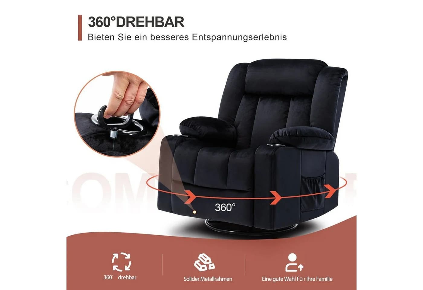 COMHOMA Relaxsessel Schwarz mit Wippfunktion und 360° Drehung - Bild 3