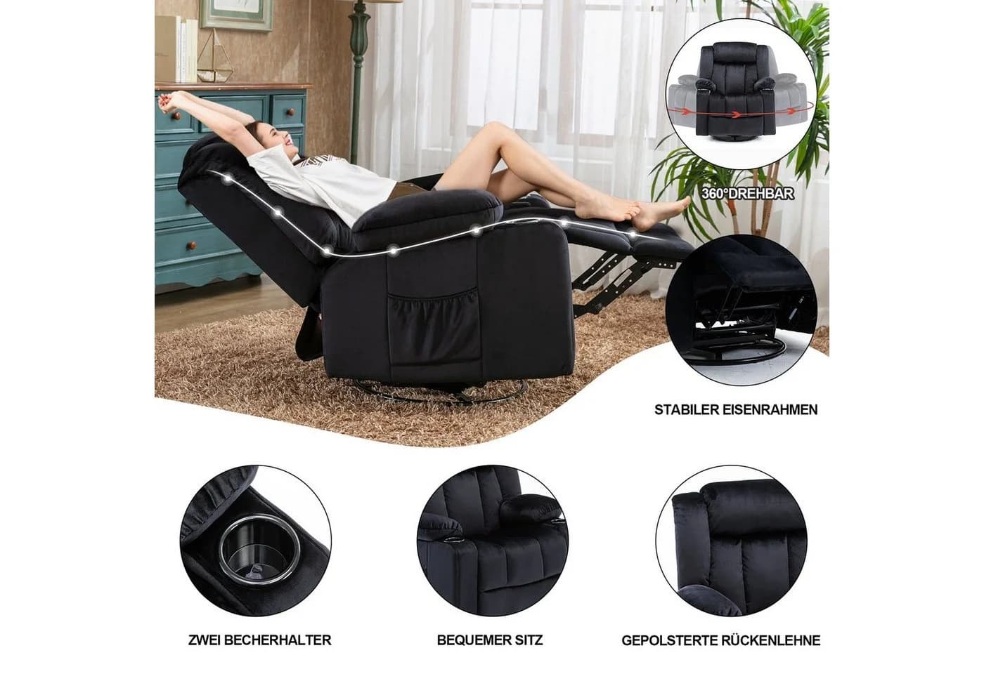 COMHOMA Relaxsessel Schwarz mit Wippfunktion und 360° Drehung - Bild 4
