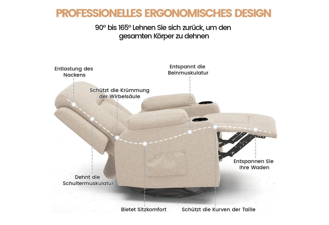 COMHOMA Relaxsessel TV-Sessel Beige mit Liefe- und Wippfunktion - Bild 4