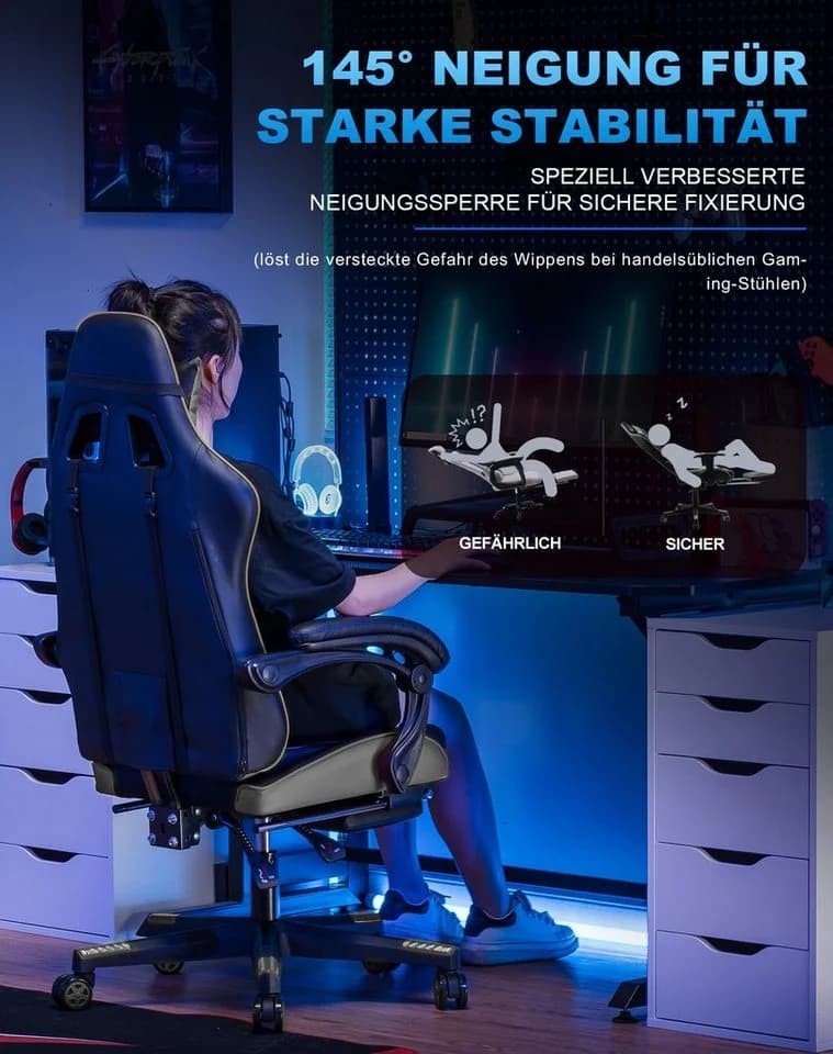 GTPLAYER Gaming-Stuhl Grau Ergonomischer Bürostuhl mit Fußstütze - Bild 5