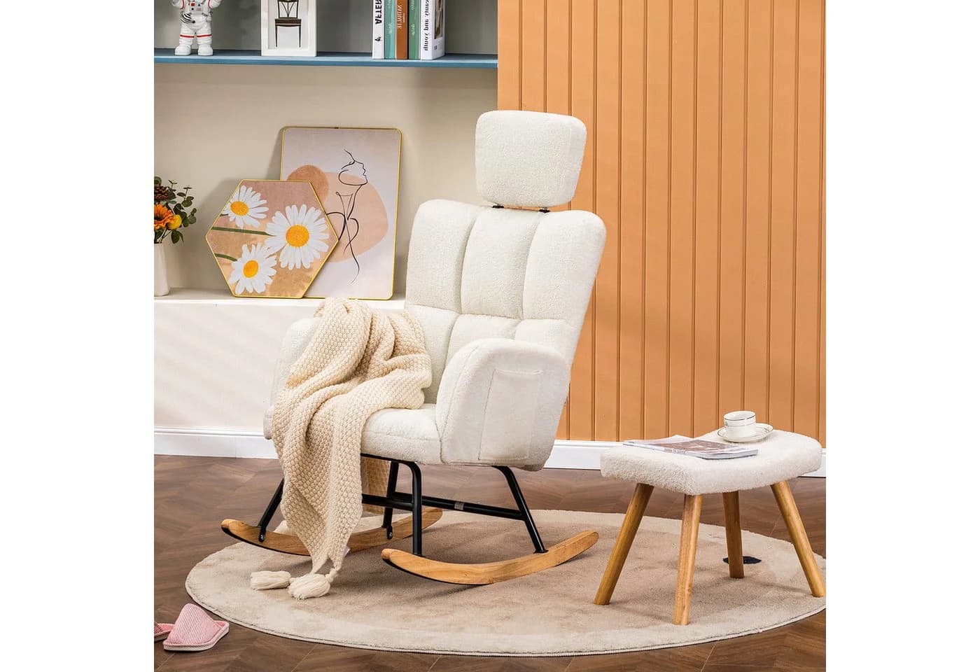 COMHOMA Schaukelstuhl Beige Massivholz Armlehnen 160kg Tragfähigkeit