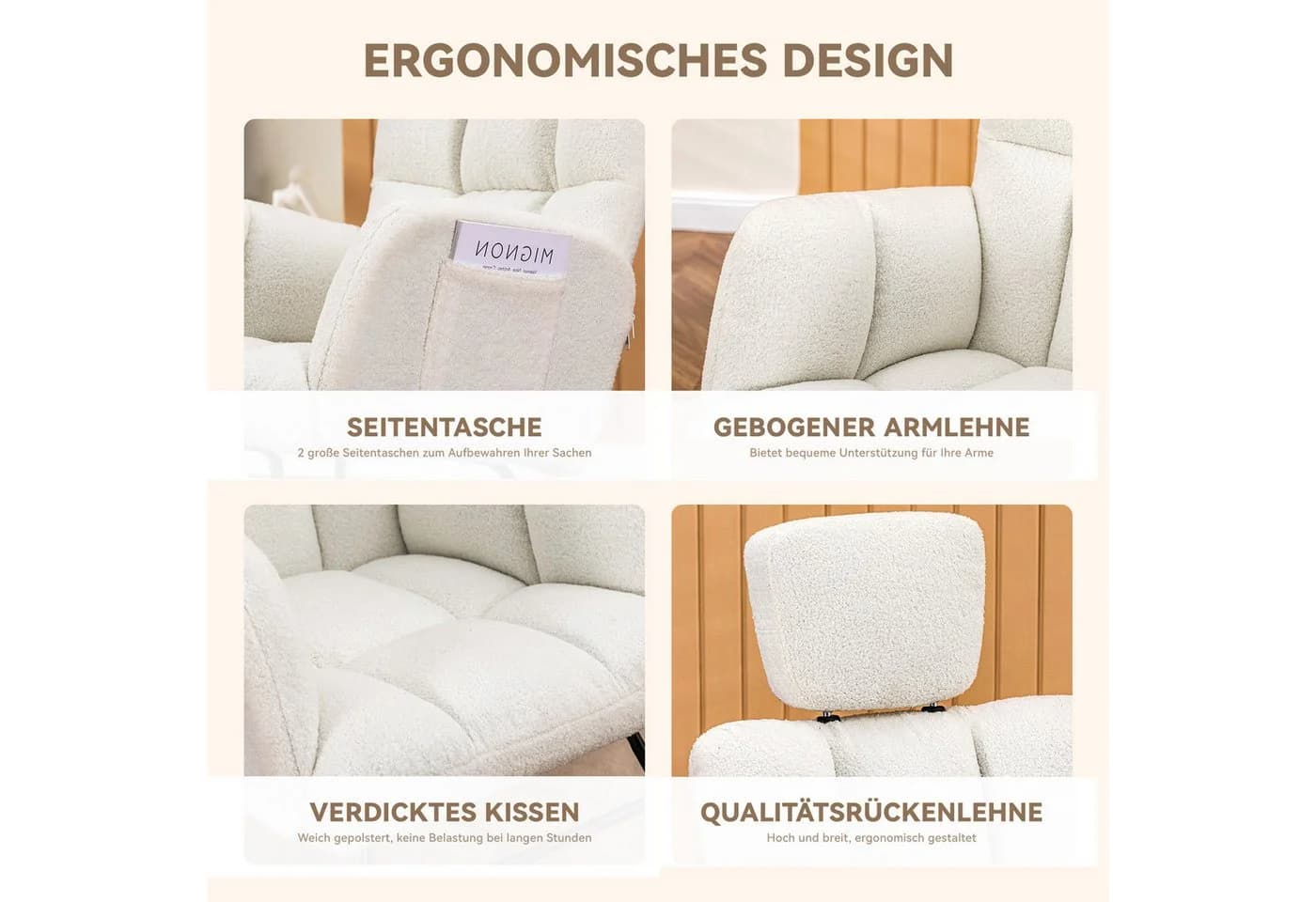 COMHOMA Schaukelstuhl Beige Massivholz Armlehnen 160kg Tragfähigkeit - Bild 3