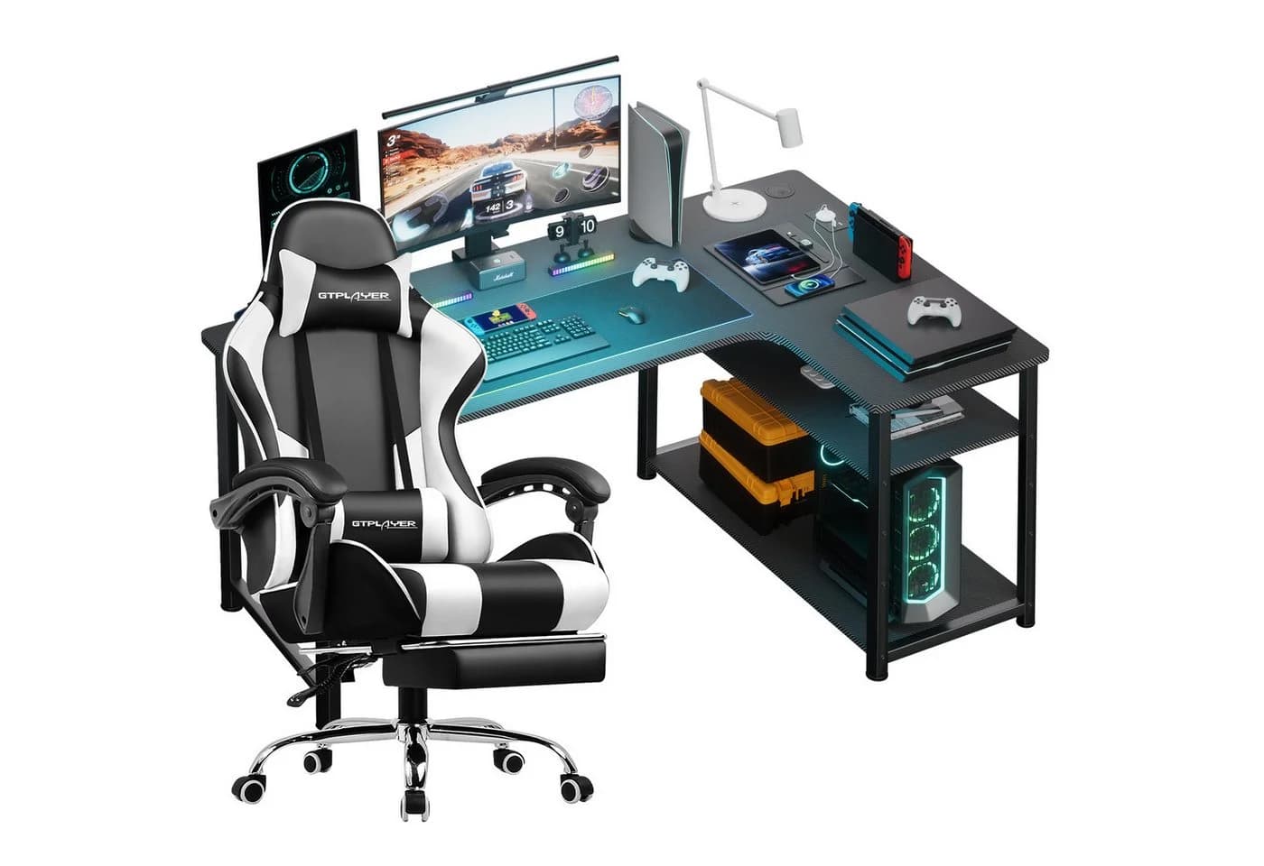 GTPLAYER Gamingtisch und Gaming Stuhl Set Weiß Multifunktional