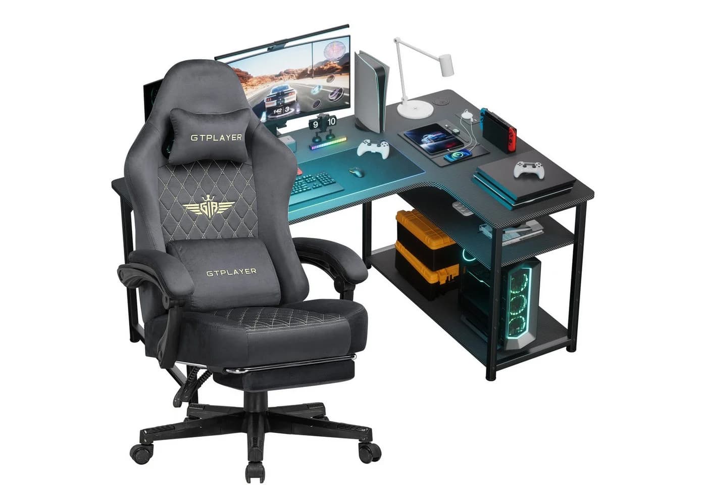 GTPLAYER Gamingtisch und Gaming Stuhl Set Grau