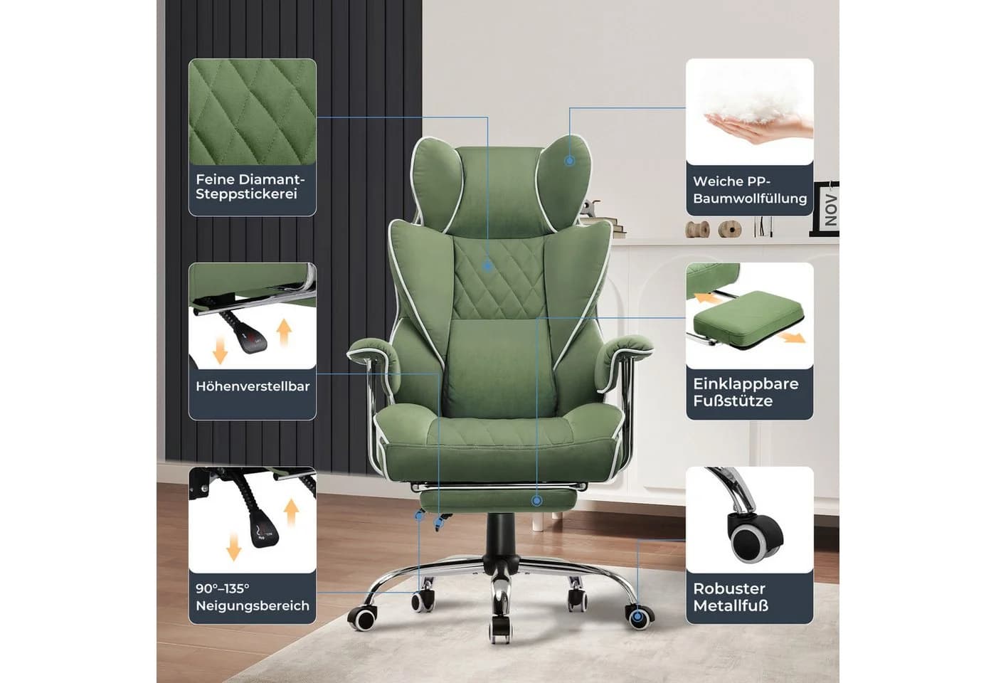 GTPLAYER Gaming-Stuhl Grün Ergonomisch mit Fußstütze höhenverstellbar - Bild 5